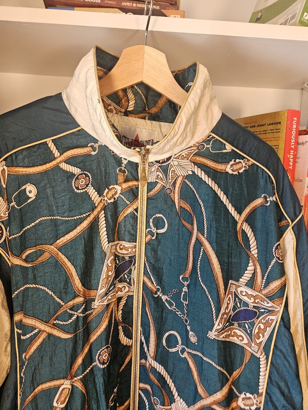 Vintage Bomber Jacket Equestrian Gold Chain Print Teal Cream Ornate Size XL - Picture 3 of 6
